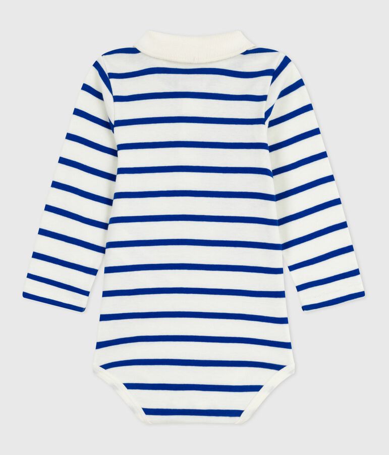 Babies' stripy cotton body with a polo shirt collar Ecru/blue