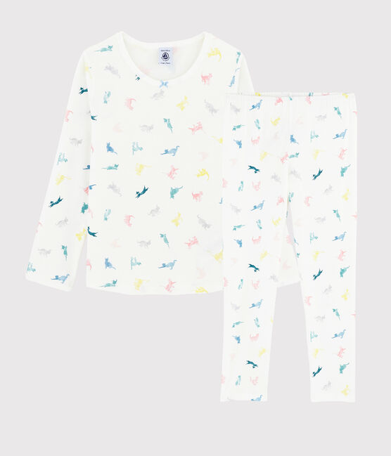 Girls' Cat Print Cotton Pyjamas MARSHMALLOW white/MULTICO white