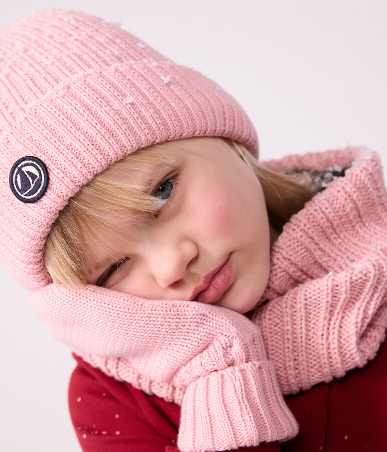 Children's knitted beanie hat lined in polar fleece pink