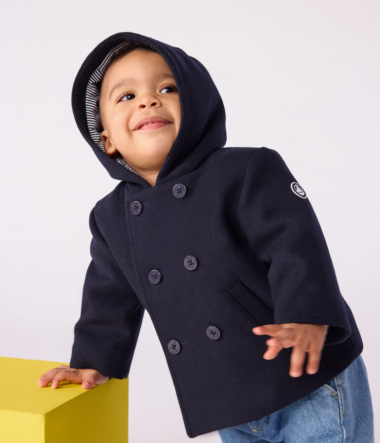 Babies' pea coat in plain woollen broadcloth blue