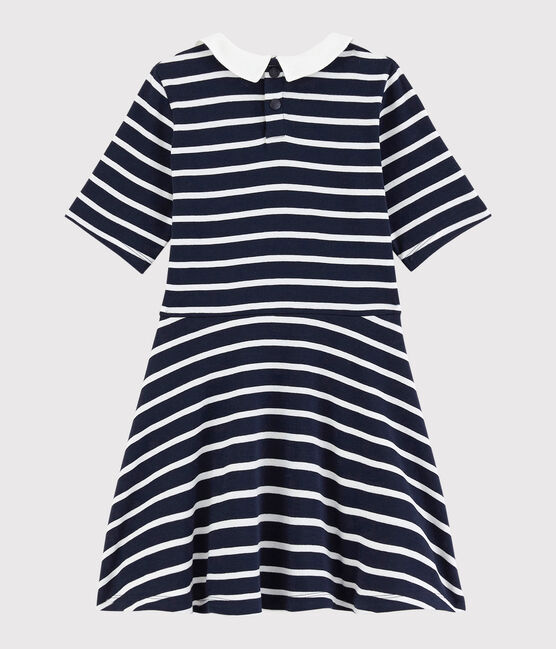 Girls' Short-Sleeved Cotton Dress SMOKING blue/MARSHMALLOW white