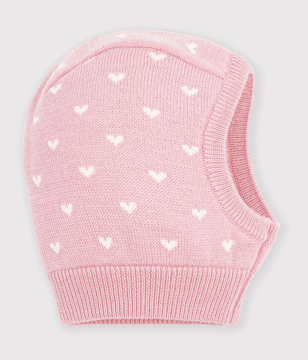 Babies' heart print balaclava in wool and cotton pink/white