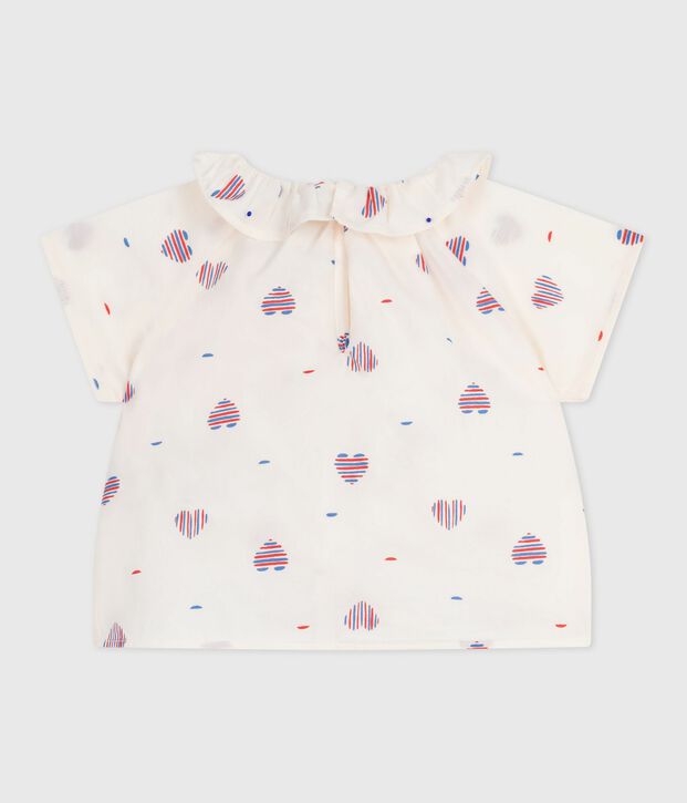 Babies' short-sleeved blouse in cotton with a heart print Ecru/multicolor