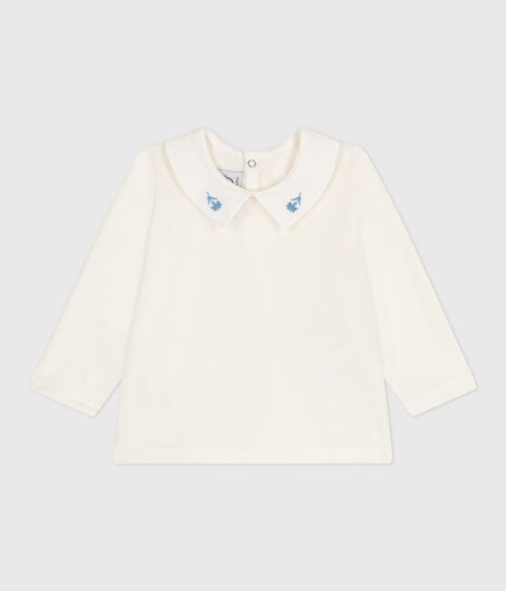 Babies' long sleeved cotton blouse with an embroidered collar MARSHMALLOW white