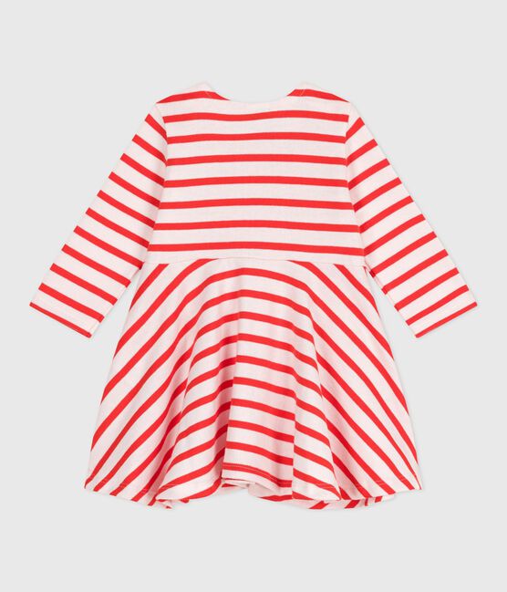 Babies' Breton stripe dress in thick cotton with long sleeves FLEUR pink/SPICY