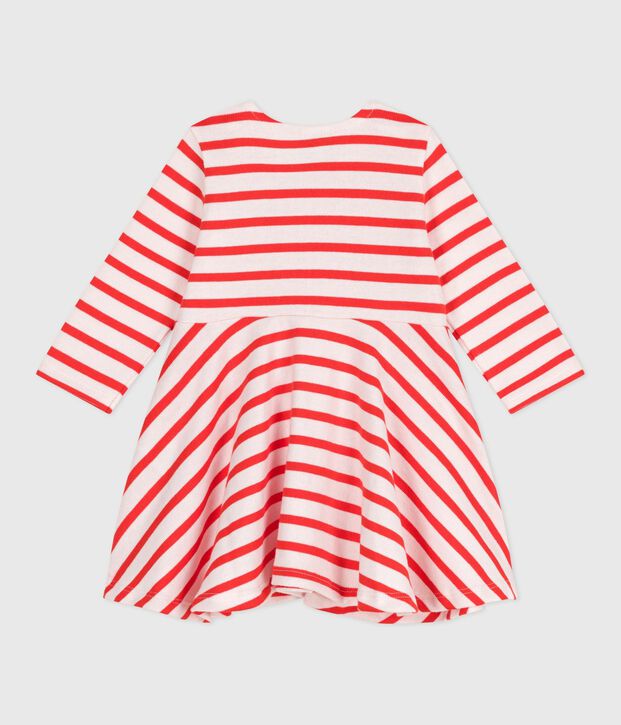 Babies' Breton stripe dress in thick cotton with long sleeves pink/red