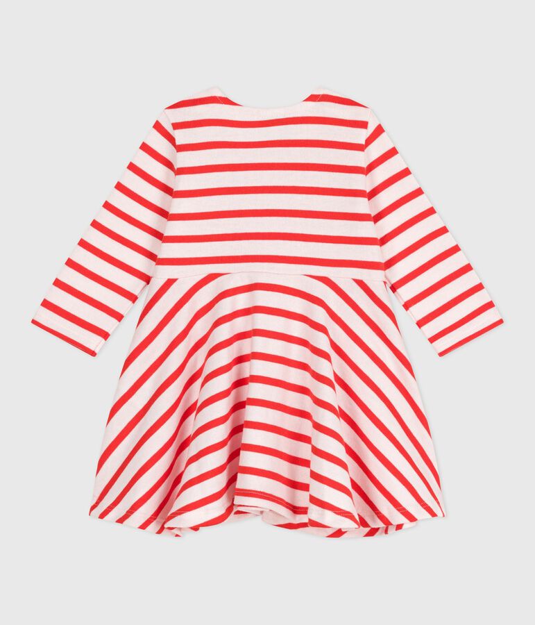 Babies' Breton stripe dress in thick cotton with long sleeves pink/red