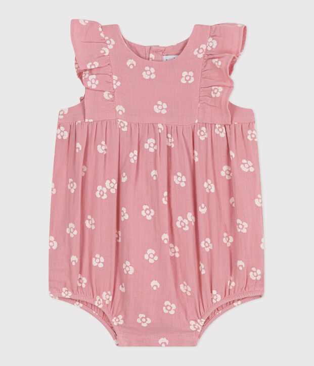 Babies' sleeveless floral print cotton gauze rompers pink/white