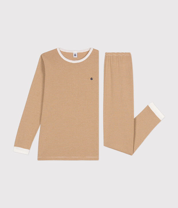 Junior stripy cotton pyjamas brown/white