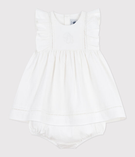 Babies' plain and embroidered sleeveless cotton dress with matching bloomers ECUME white