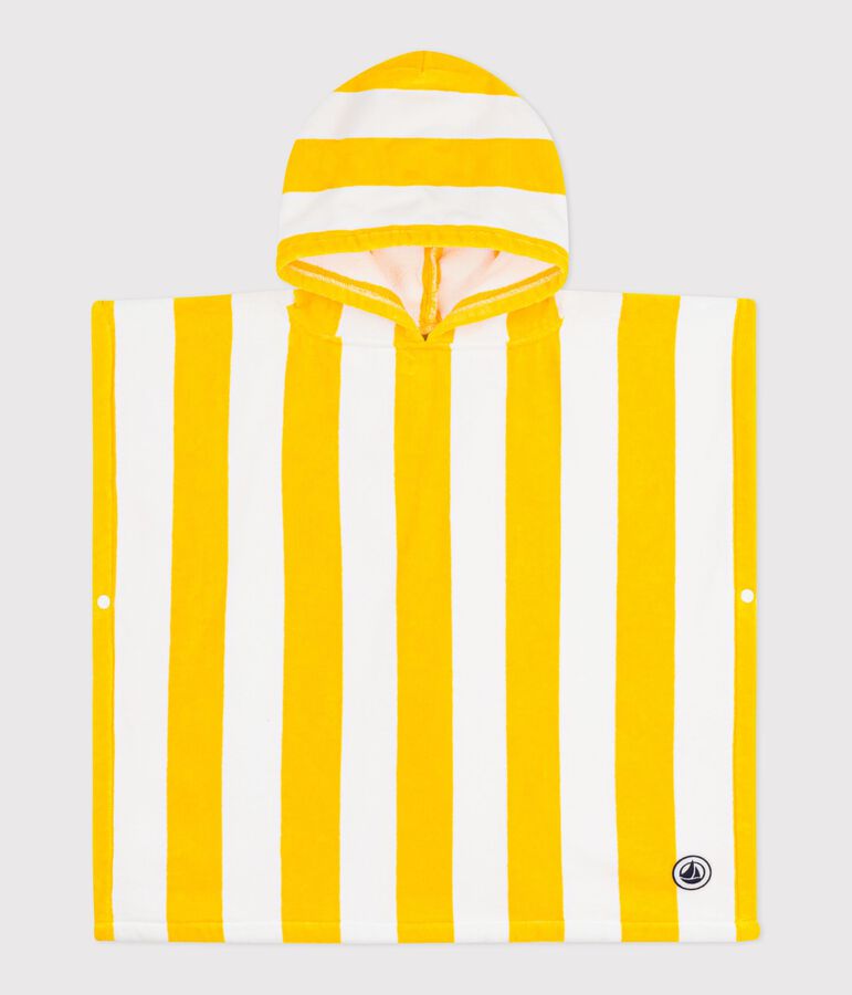 Children's stripy cotton terry bath poncho yellow/white