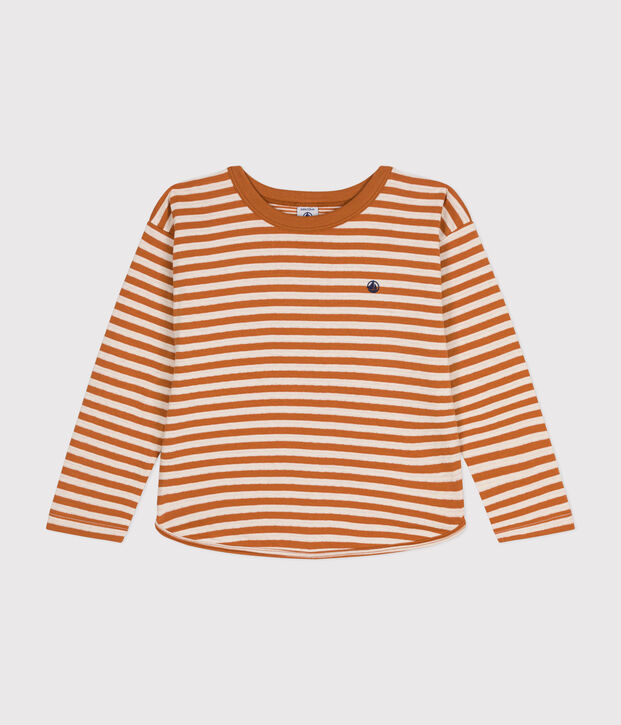 Children's Long-Sleeved Stripy Tube Knit T-Shirt brown/ecru
