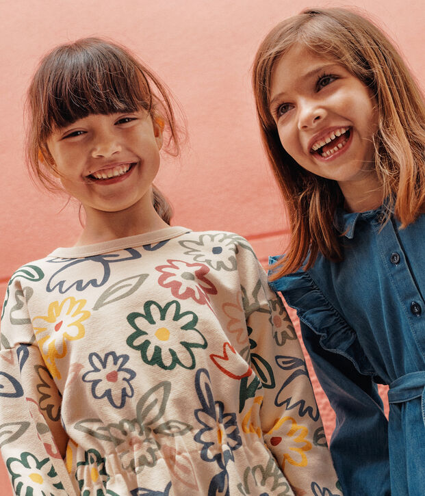 Little girls' long-sleeved fleece dress Ecru/multicolor