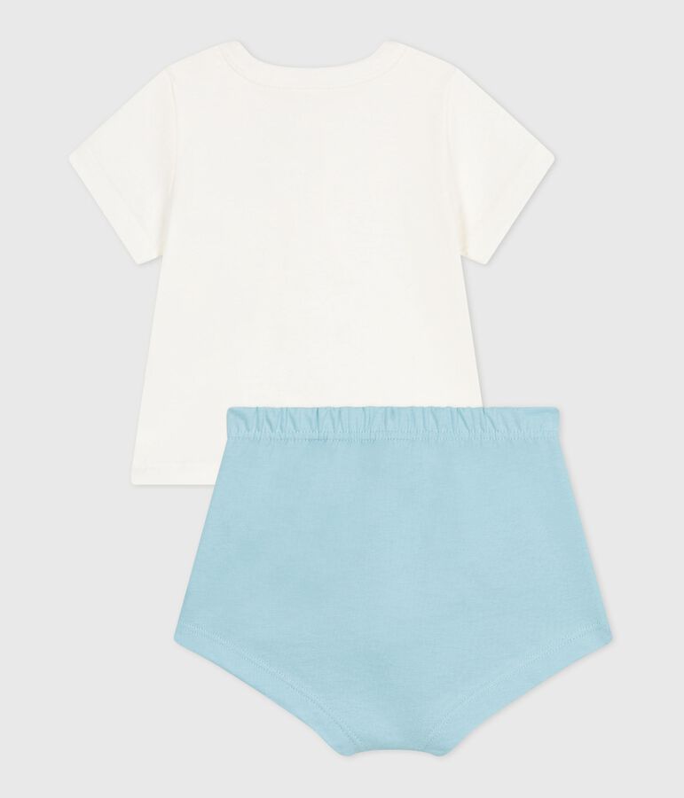 Newborn babies' two-piece cotton set with a plain bottom half white/blue