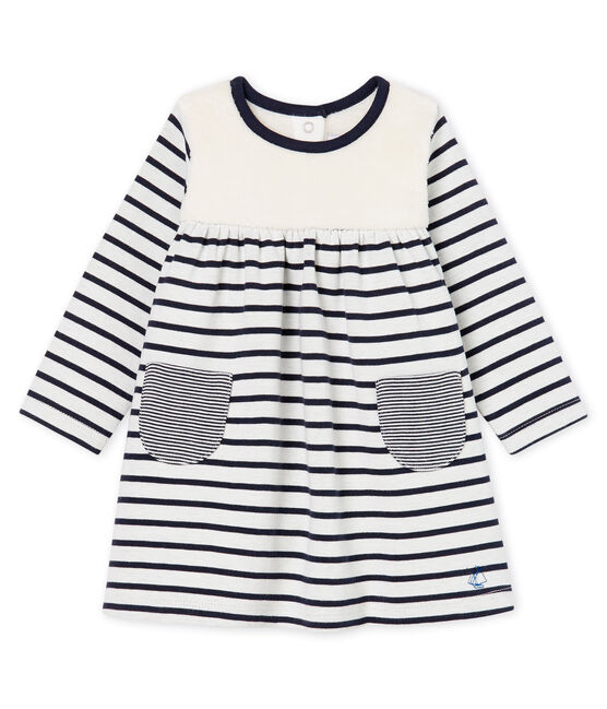 Baby Girls' Long-Sleeved Striped Dress MARSHMALLOW white/SMOKING CN blue