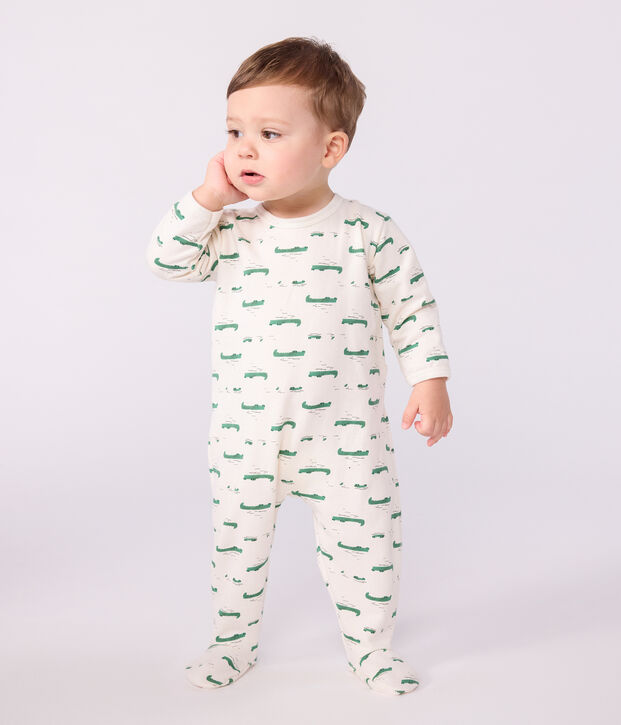 Babies' brushed fleece crocodile-print pyjama suit with a back opening Ecru/multicolor