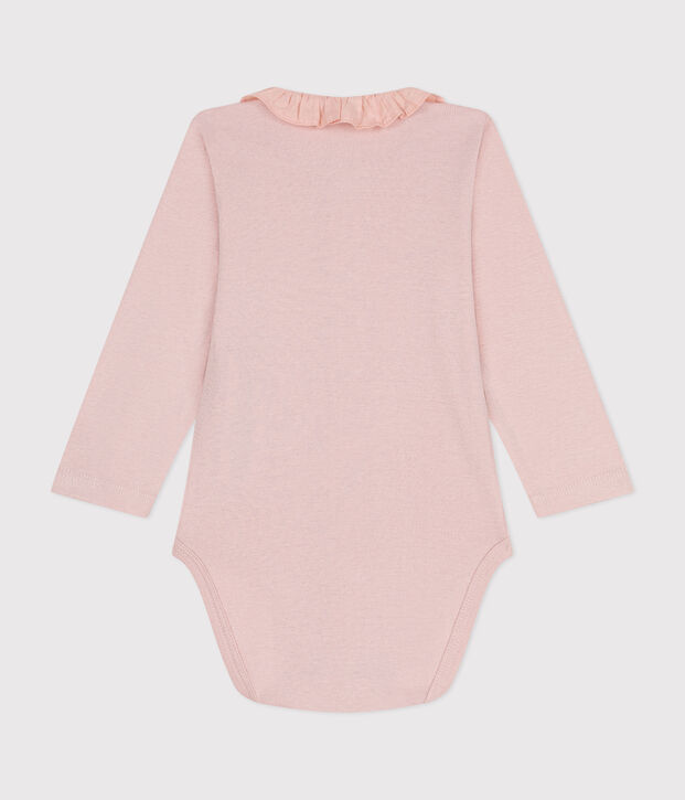 Babies' Long-Sleeved Cotton Bodysuit With Ruffle Collar pink