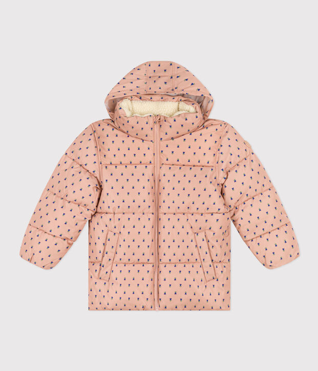 Girls' puffer jacket with fold-out hood beige/multicolor