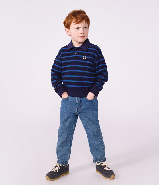 Children's stripy cotton polo neck sweatshirt blue/green/blue