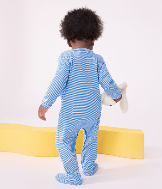 Babies' stripy cotton pyjama suit blue/white