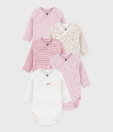 Pack of long-sleeved printed cotton wrapover bodies for babies