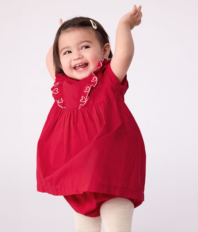 Babies' short-sleeved plain cotton dress with matching bloomers red