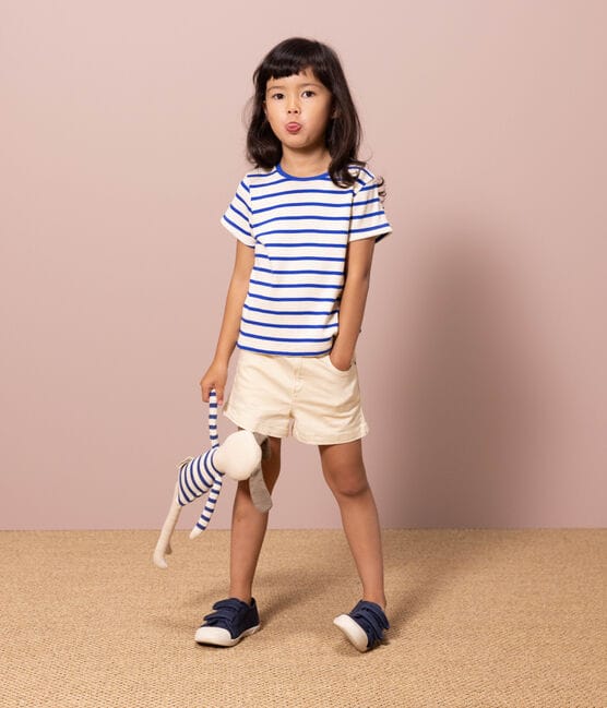 Girls' Striped Cotton T-Shirt AVALANCHE blue/PERSE white