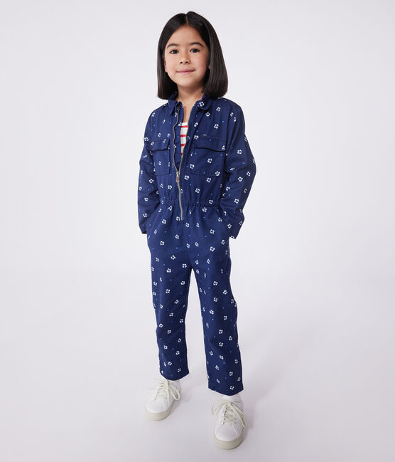 Children's long-sleeved floral cotton jumpsuit MEDIEVAL blue/MARSHMALLOW white