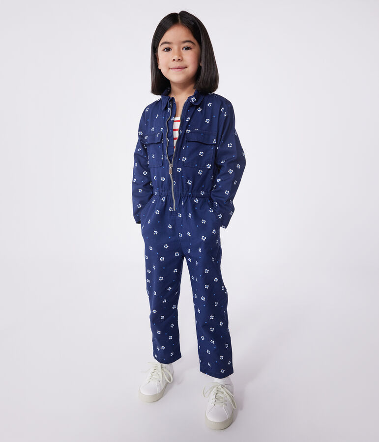 Children's long-sleeved floral cotton jumpsuit blue/white