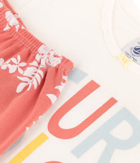 Girls' Pink Hawaiian Cotton Short Pyjamas MARSHMALLOW white/PAPAYE