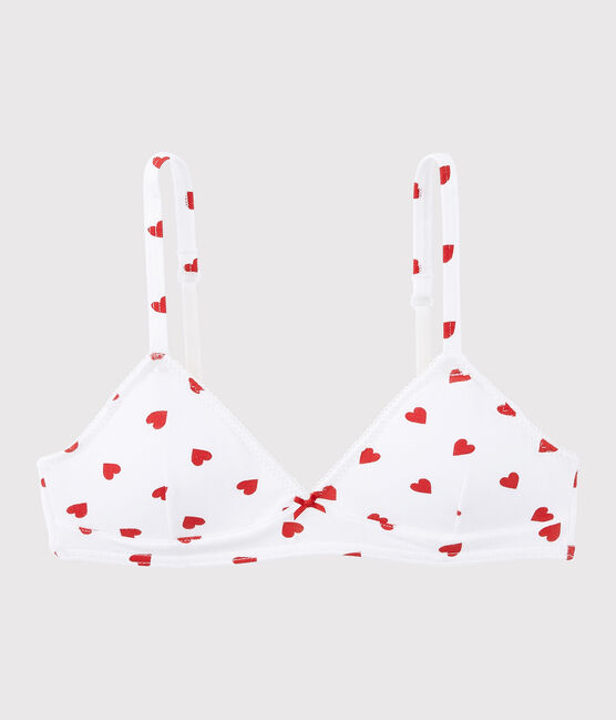 Girls' Red Heart Pattern Organic Cotton and Elastane Padded Bra MARSHMALLOW white/PEPS red
