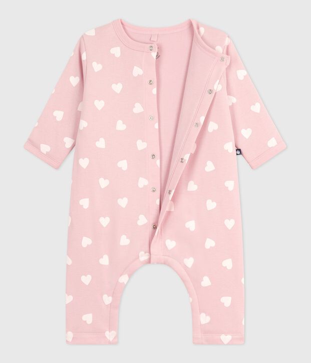 Babies' padded heart-print cotton playsuit. pink/ecru