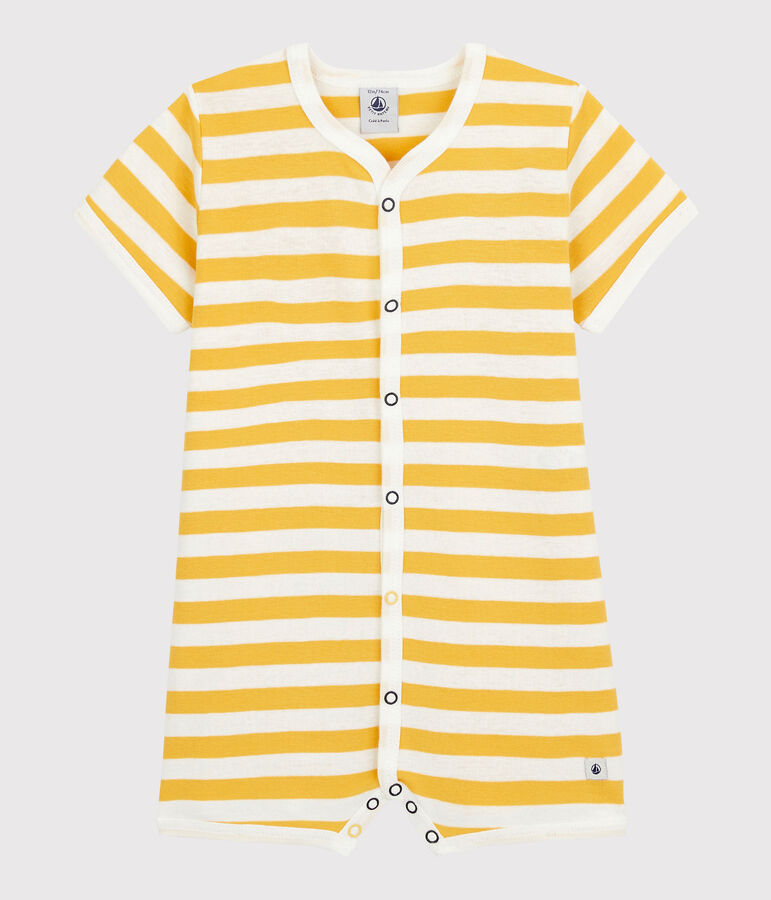 Babies' Stripy Cotton Playsuit OCRE yellow/MARSHMALLOW white
