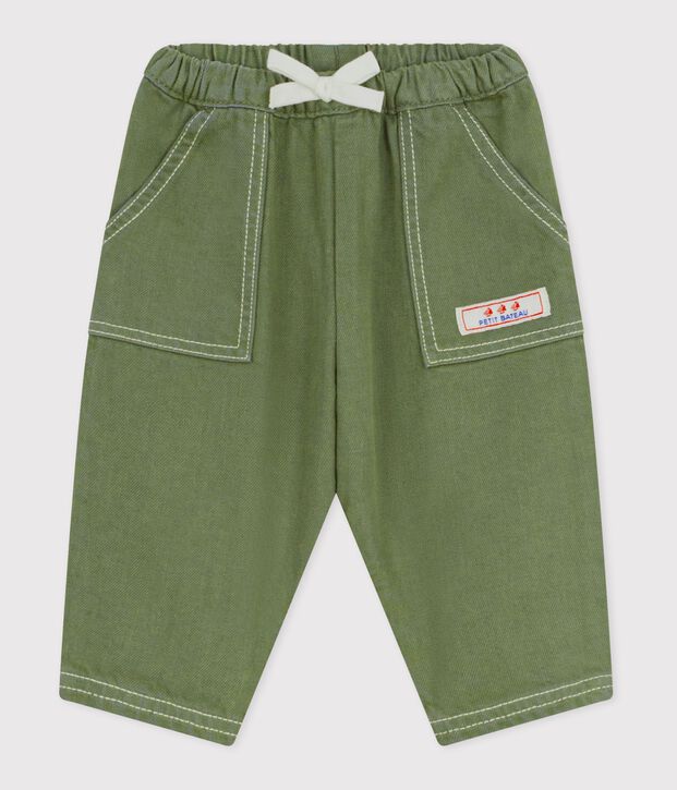 Babies' plain, coloured denim trousers OLIVINE