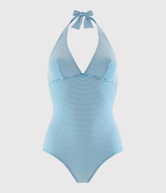 Women's Recycled 1-Piece Swimsuit MYKONOS blue/MARSHMALLOW white