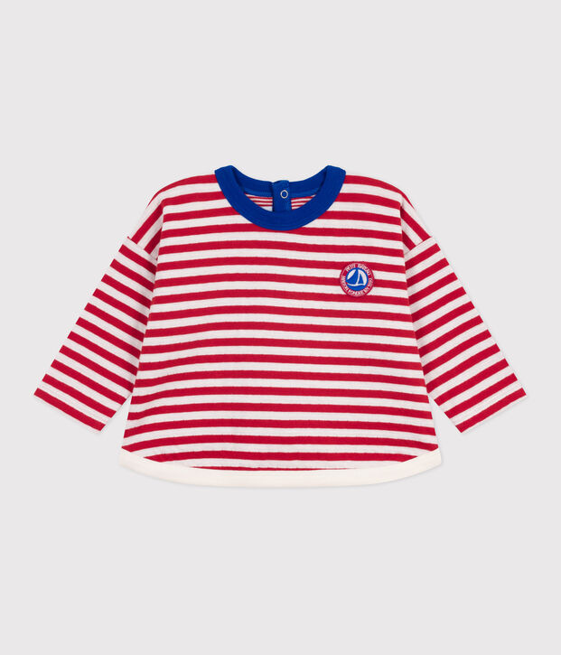 Babies' long-sleeved stripy cotton T-Shirt red/ecru