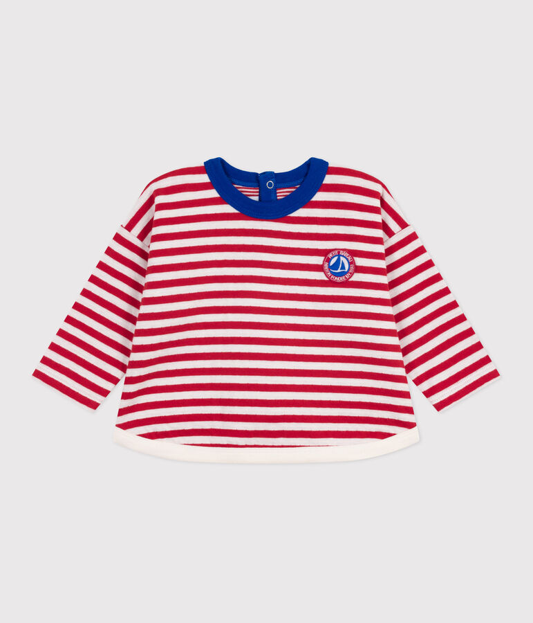 Babies' long-sleeved stripy cotton T-Shirt POMPEI red/MILK