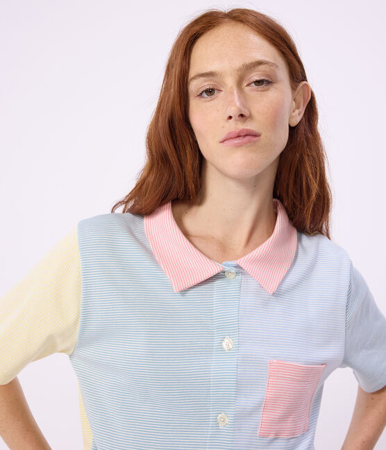 Women's striped cotton button-front pyjama shorts MARSHMALLOW white/MULTICO white