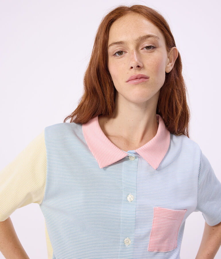 Women's striped cotton button-front pyjama shorts white/multicolor