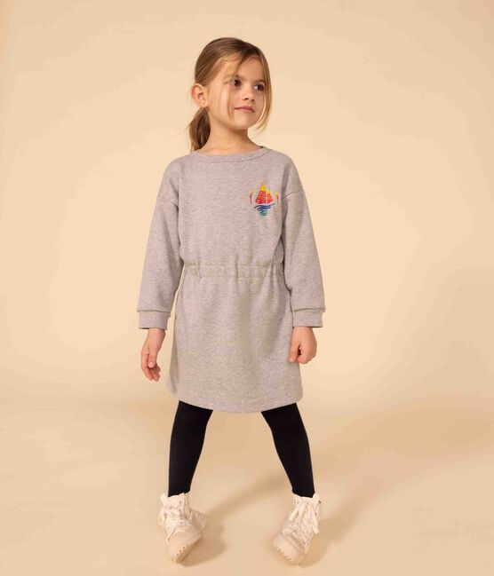 Girls' long-sleeved dress in brushed fleece. CHATON CHINE grey