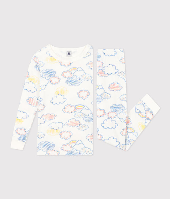 Children's Short Fitted Cotton Rainbow Print Pyjamas MARSHMALLOW white/MULTICO white