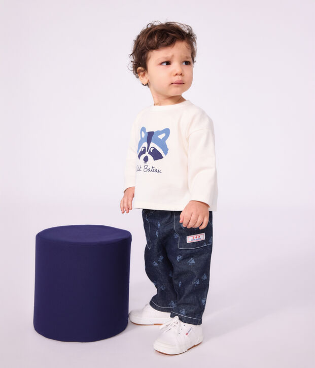 Babies' trousers in boat print denim blue/ecru