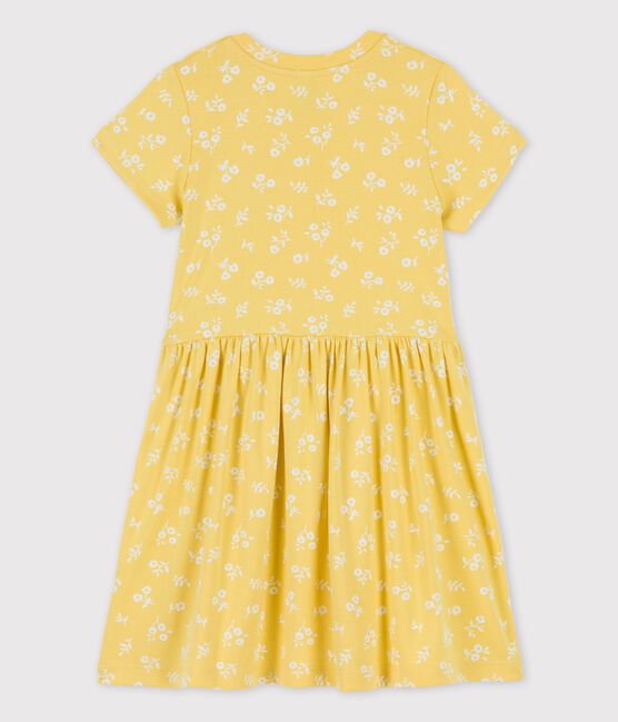 Girls' Short-Sleeved Cotton Dress ORGE yellow/MARSHMALLOW white
