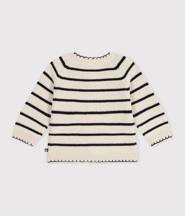 Babies' cardigan in stripy cotton Ecru/blue