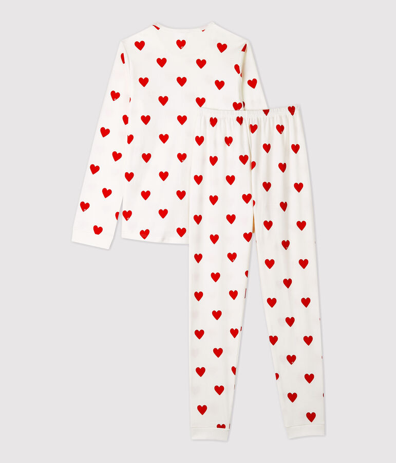 Girls' Heart Print Ribbed Pyjamas MARSHMALLOW white/TERKUIT red
