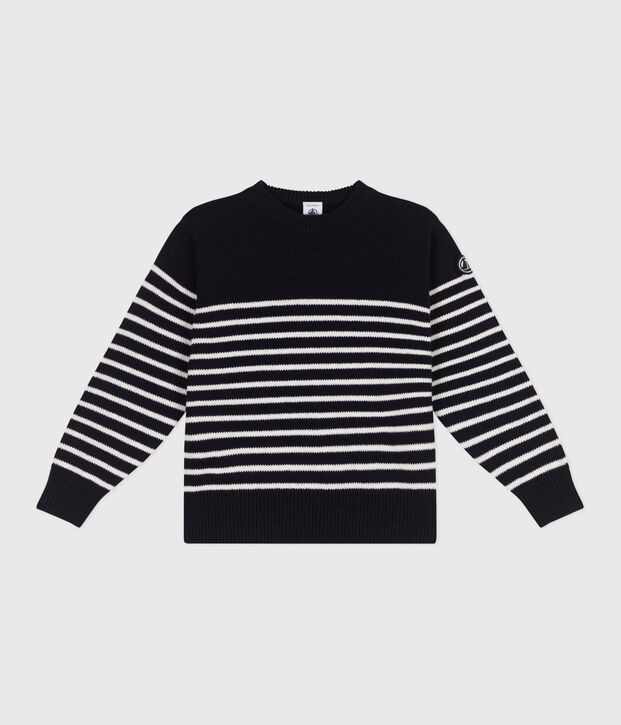 Children's stripy sailor jumper in wool and cotton blue/white