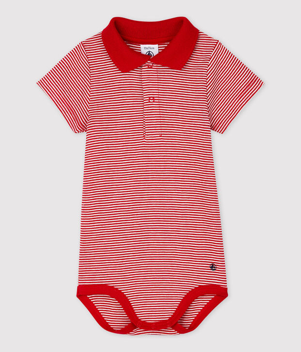Baby Boys' Short-Sleeved Cotton Bodysuit with Polo Shirt Collar red/white