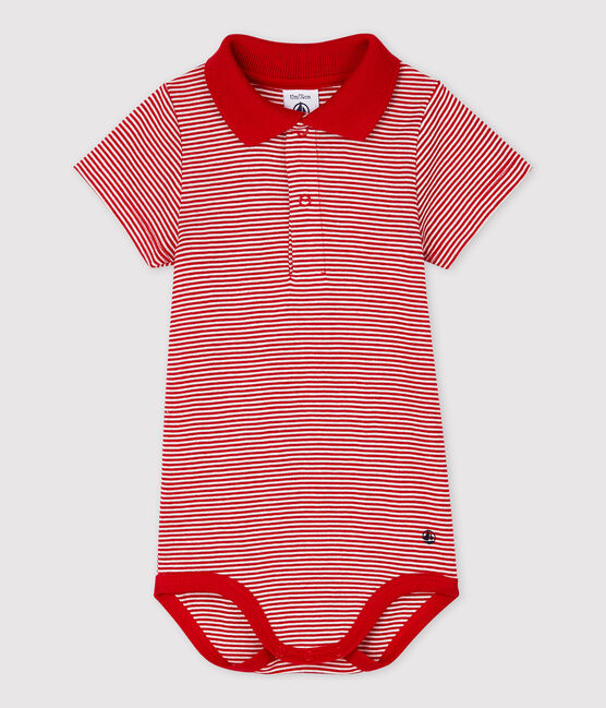 Baby Boys' Short-Sleeved Cotton Bodysuit with Polo Shirt Collar TERKUIT red/MARSHMALLOW white