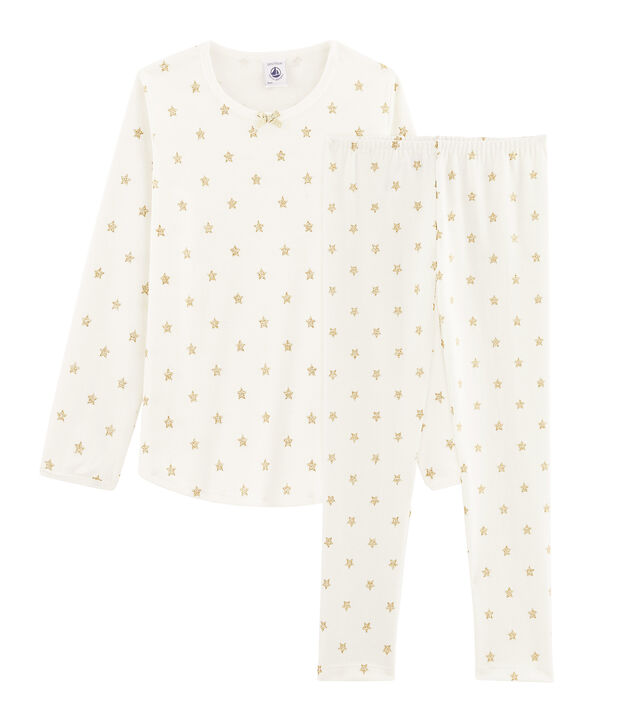 Girls' starry cotton pyjamas white/yellow