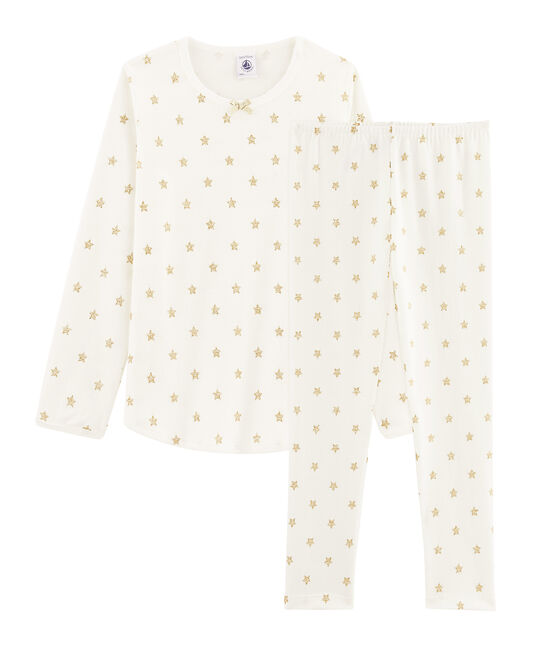 Girls' starry cotton pyjamas MARSHMALLOW white/OR yellow